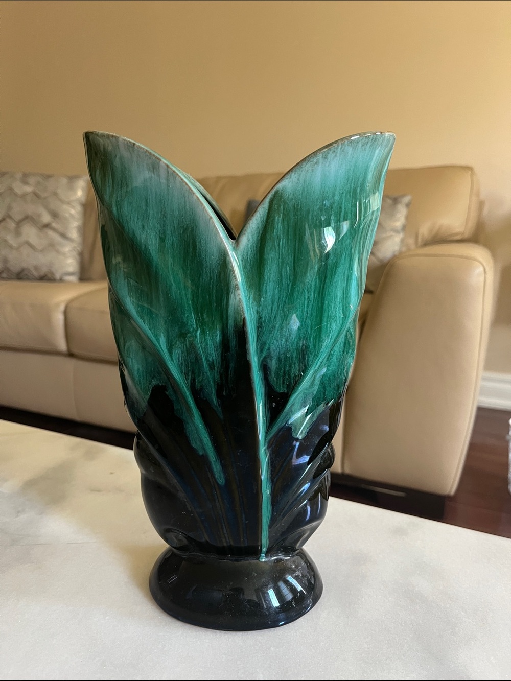 Vintage Green Drip Glaze Split Leaf Redware Vase, Blue Mountain Pottery, Canada